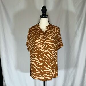 Maeve By Anthropologie Brown/Tan Zebra Print 1/4 Button Blouse
